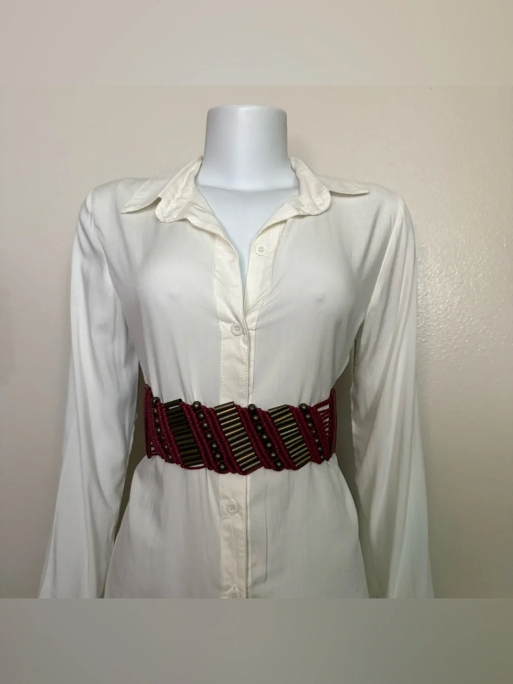 Burgundy elastic waistband belt with brass tone details
